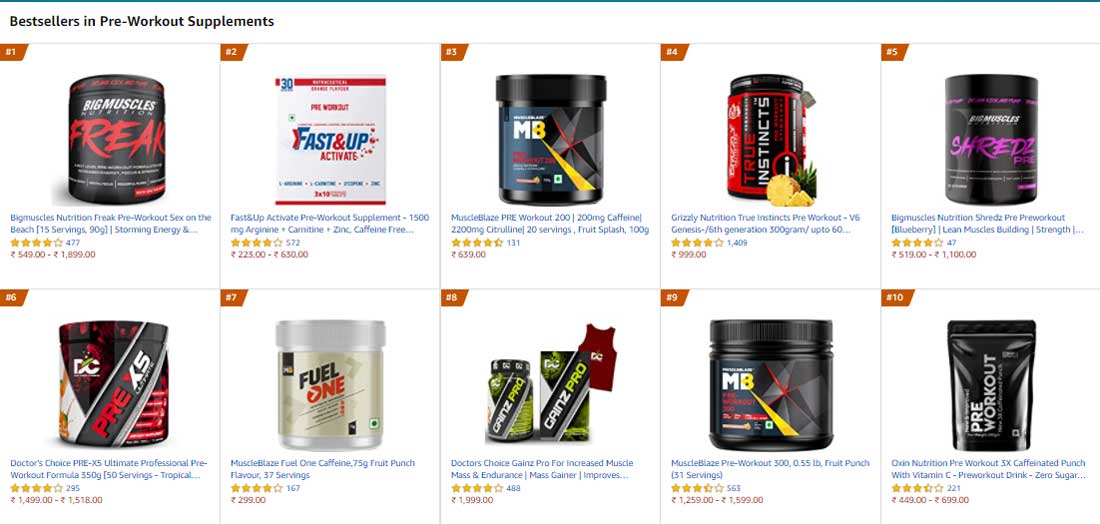 bestsellers in pre workout in India 2021